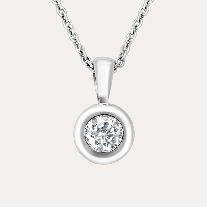 Round Brilliant Diamond Rubover Solitaire Pendant Necklace In 18K White Gold