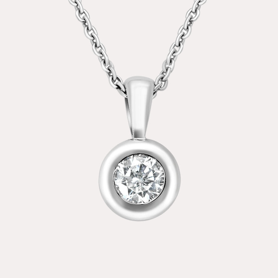 Round Brilliant Diamond Rubover Solitaire Pendant Necklace In 18K White Gold