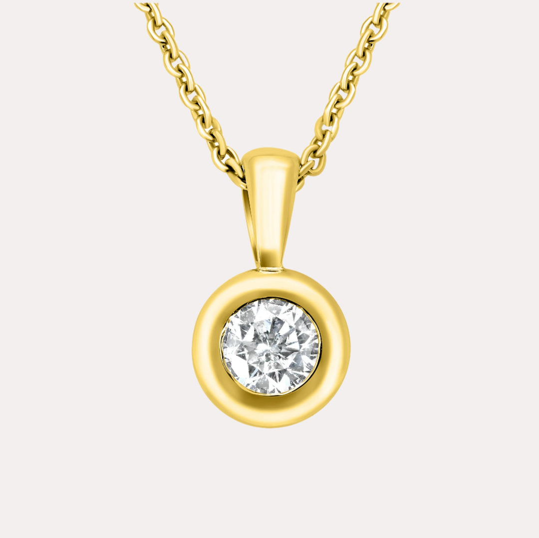 Round Brilliant Diamond Rubover Solitaire Pendant Necklace In 18K Yellow Gold