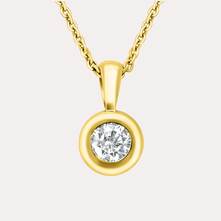 Round Brilliant Diamond Rubover Solitaire Pendant Necklace In 18K Yellow Gold