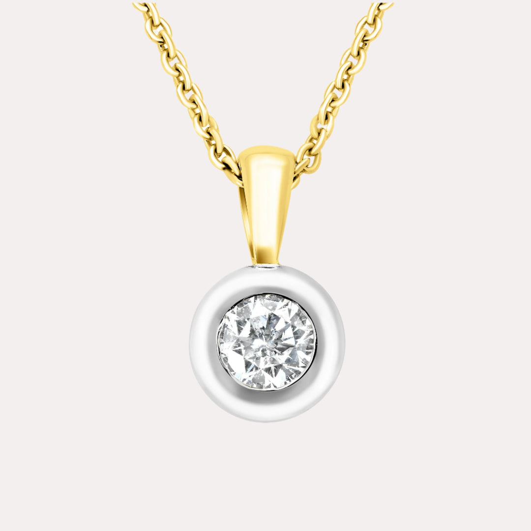 Round Brilliant Diamond Rubover Solitaire Pendant Necklace In 18K Yellow & White Gold