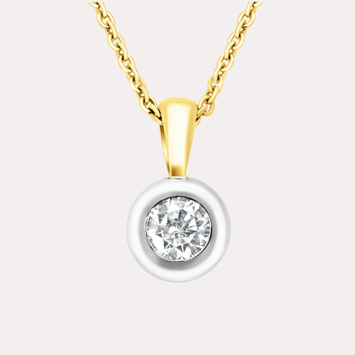 Round Brilliant Diamond Rubover Solitaire Pendant Necklace In 18K Yellow & White Gold