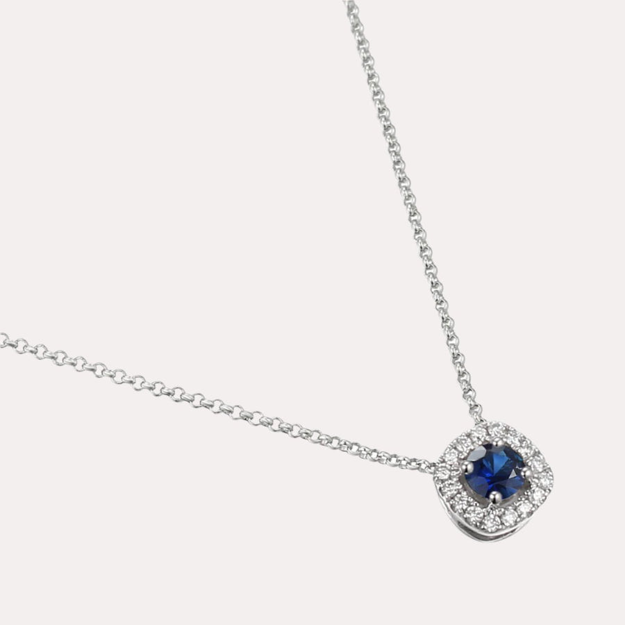 Round Blue Sapphire & Diamond Cushion Shape Halo Pendant Necklace In 18K Gold - The Jewelyst. - Round Blue Sapphire & Diamond Cushion Shape Halo Pendant Necklace In 18K Gold