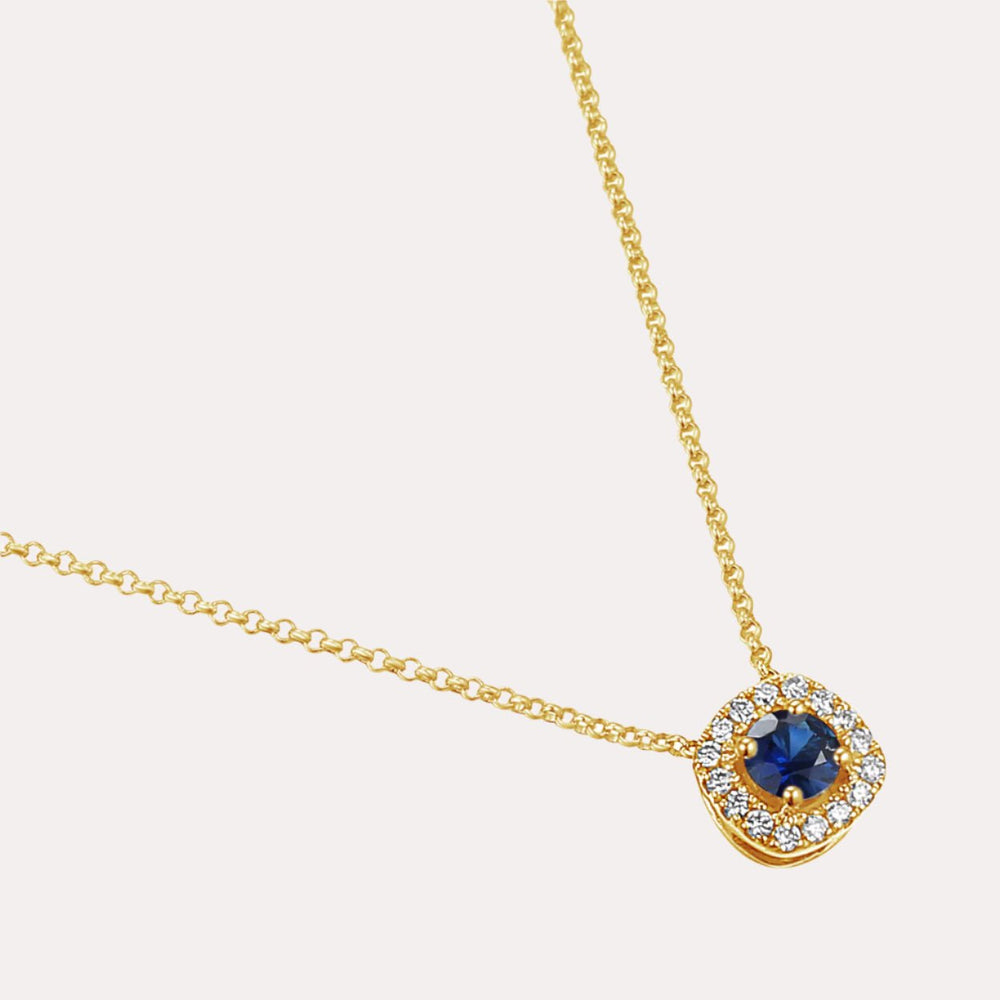 Round Blue Sapphire & Diamond Cushion Shape Halo Pendant Necklace In 18K Gold - The Jewelyst. - Round Blue Sapphire & Diamond Cushion Shape Halo Pendant Necklace In 18K Gold