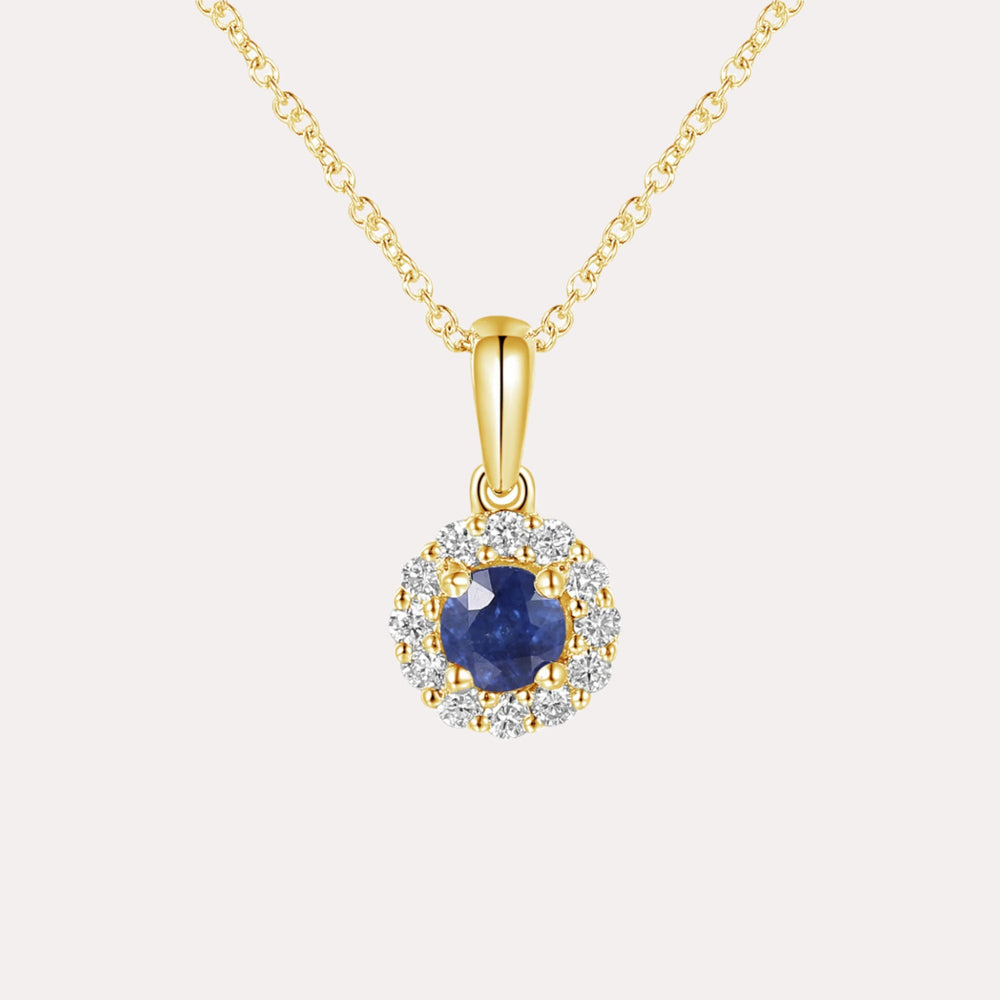 Round Blue Sapphire & Diamond Halo Pendant Necklace In 18K Gold - The Jewelyst. - Round Blue Sapphire & Diamond Halo Pendant Necklace In 18K Gold