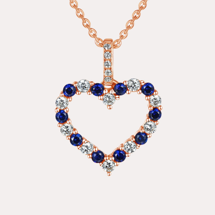 Round Blue Sapphire & Diamond Heart Shape Pendant Necklace In 18K Gold - The Jewelyst. - Round Blue Sapphire & Diamond Heart Shape Pendant Necklace In 18K Gold