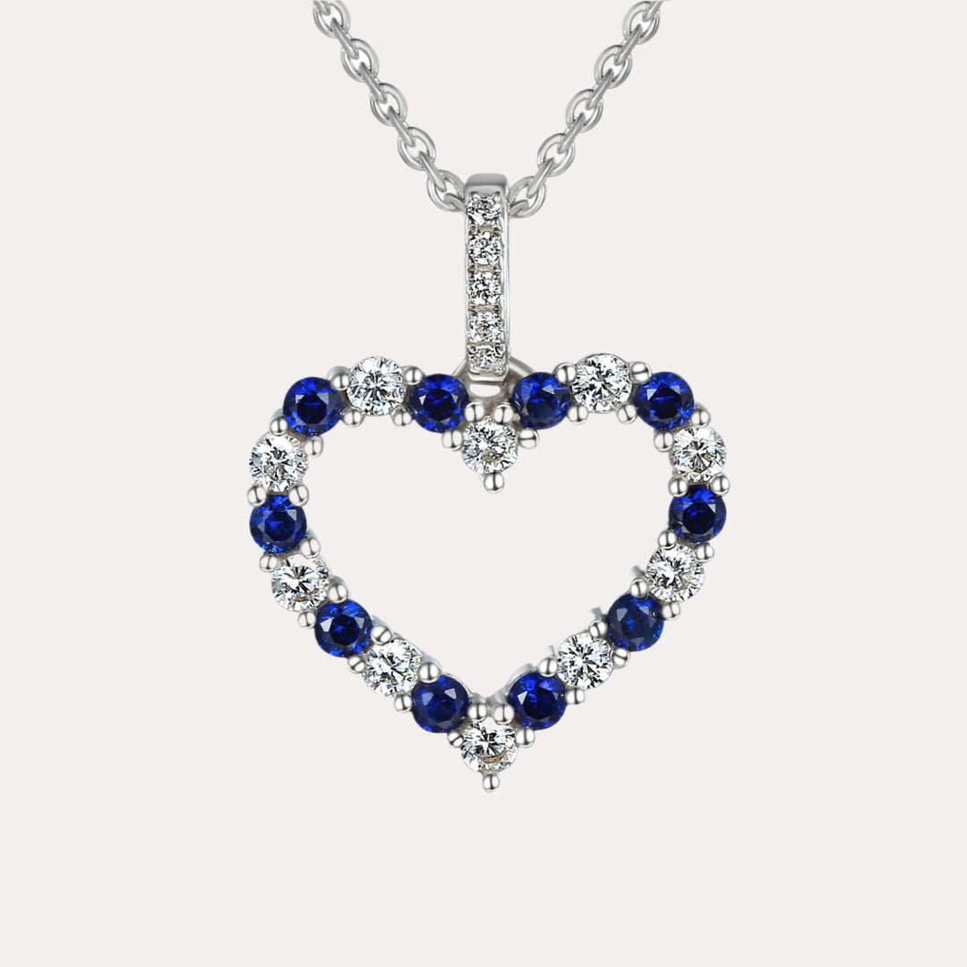 Round Blue Sapphire & Diamond Heart Shape Pendant Necklace In 18K Gold - The Jewelyst. - Round Blue Sapphire & Diamond Heart Shape Pendant Necklace In 18K Gold