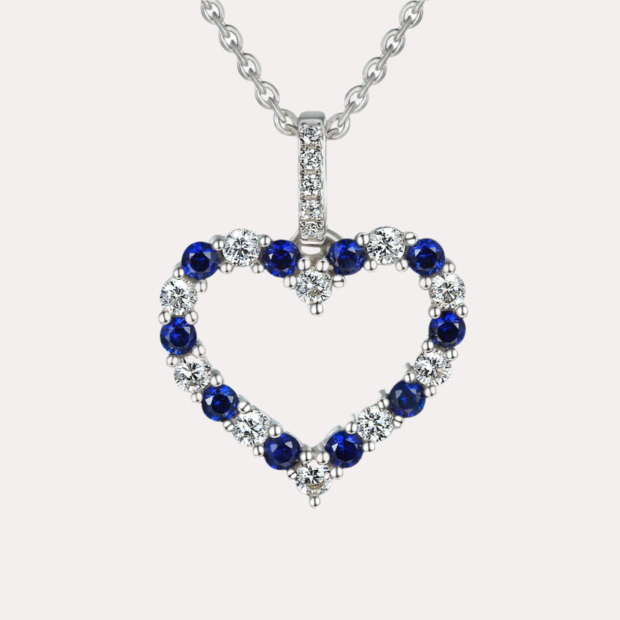 Round Blue Sapphire & Diamond Heart Shape Pendant Necklace In 18K Gold - The Jewelyst. - Round Blue Sapphire & Diamond Heart Shape Pendant Necklace In 18K Gold