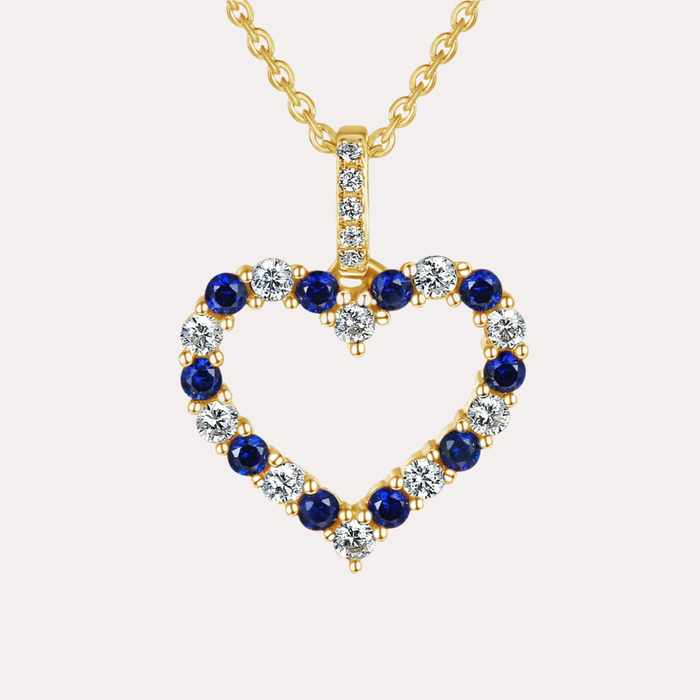 Round Blue Sapphire & Diamond Heart Shape Pendant Necklace In 18K Gold - The Jewelyst. - Round Blue Sapphire & Diamond Heart Shape Pendant Necklace In 18K Gold
