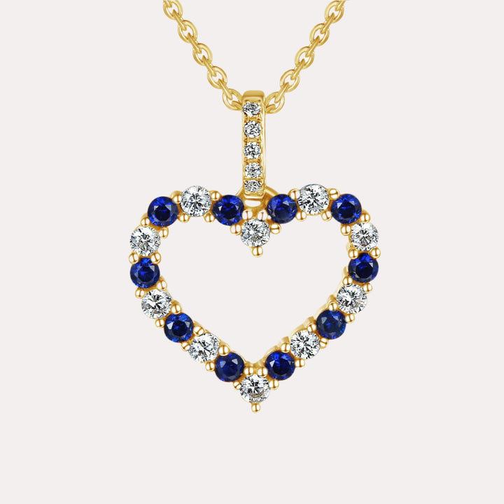 Round Blue Sapphire & Diamond Heart Shape Pendant Necklace In 18K Gold - The Jewelyst. - Round Blue Sapphire & Diamond Heart Shape Pendant Necklace In 18K Gold