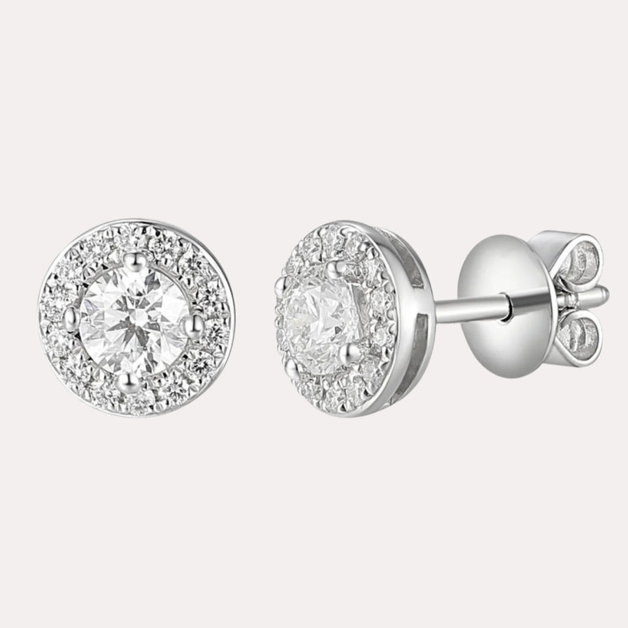Round Brilliant Diamond Halo Stud Earrings In 18K Gold - The Jewelyst. - Round Brilliant Diamond Halo Stud Earrings In 18K Gold