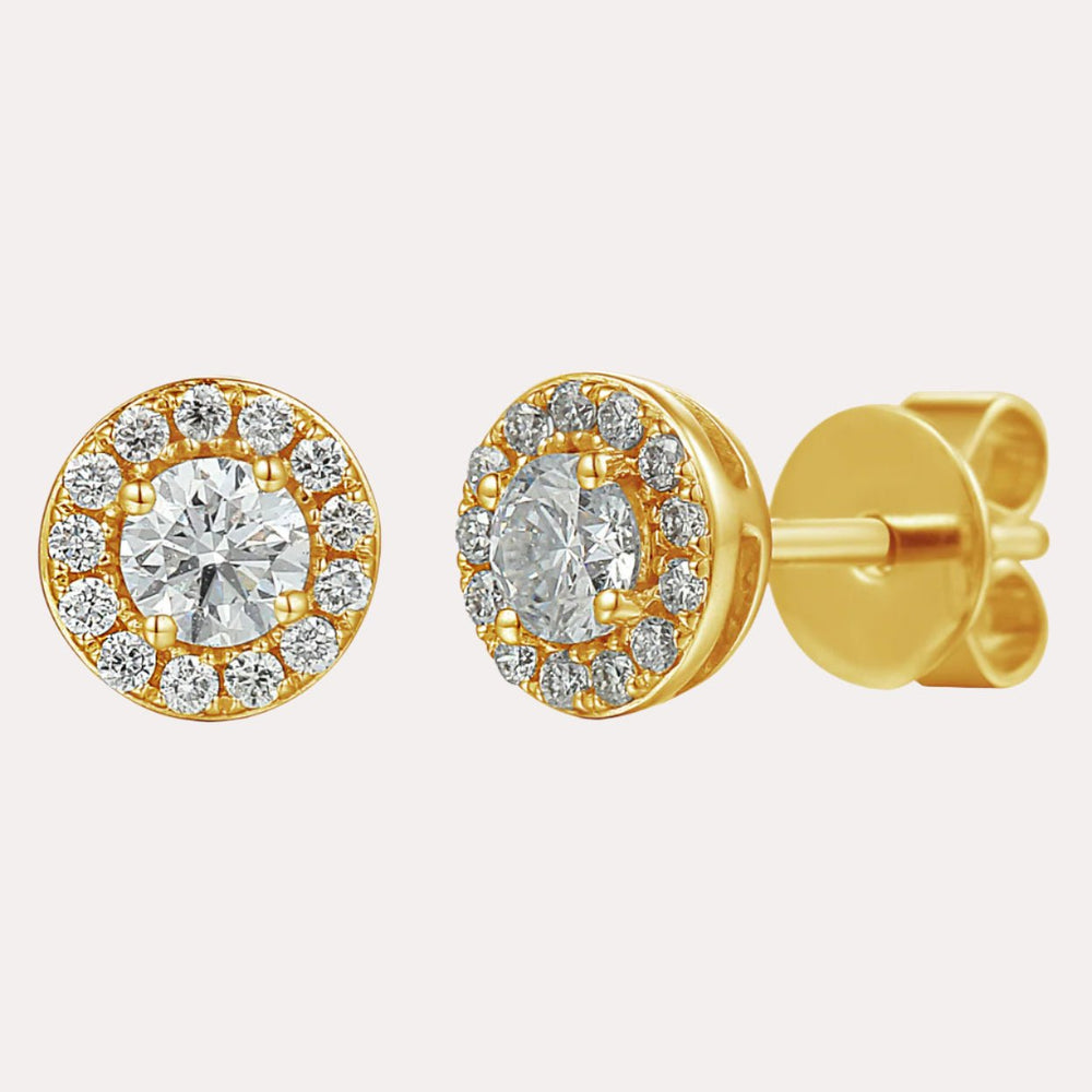 Round Brilliant Diamond Halo Stud Earrings In 18K Gold - The Jewelyst. - Round Brilliant Diamond Halo Stud Earrings In 18K Gold