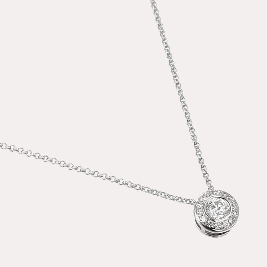 Round Brilliant Rubover Set Diamond Halo Pendant Necklace In 18K Gold - The Jewelyst. - Round Brilliant Rubover Set Diamond Halo Pendant Necklace In 18K Gold