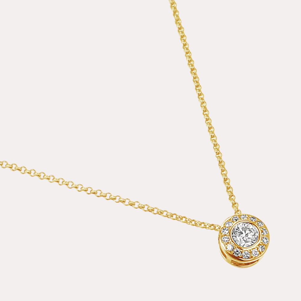 Round Brilliant Rubover Set Diamond Halo Pendant Necklace In 18K Gold - The Jewelyst. - Round Brilliant Rubover Set Diamond Halo Pendant Necklace In 18K Gold