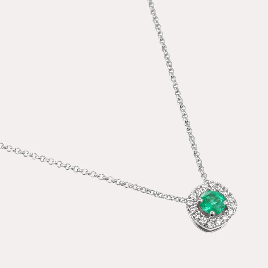 Round Emerald & Diamond Cushion Shape Halo Pendant Necklace In 18K Gold - The Jewelyst. - Round Emerald & Diamond Cushion Shape Halo Pendant Necklace In 18K Gold