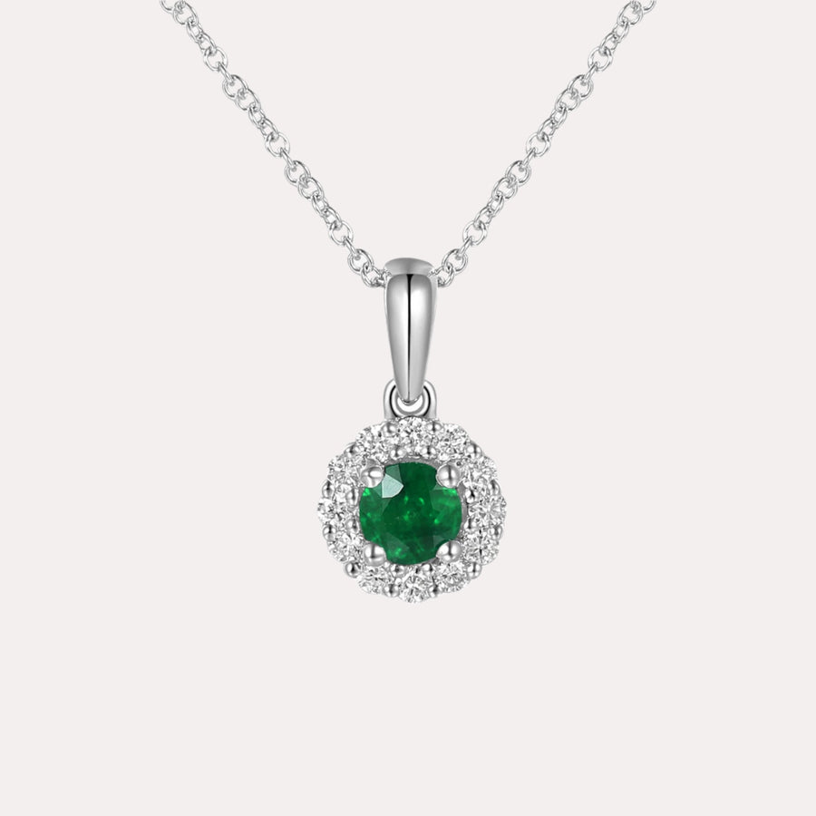 Round Emerald & Diamond Halo Pendant Necklace In 18K Gold - The Jewelyst. - Round Emerald & Diamond Halo Pendant Necklace In 18K Gold