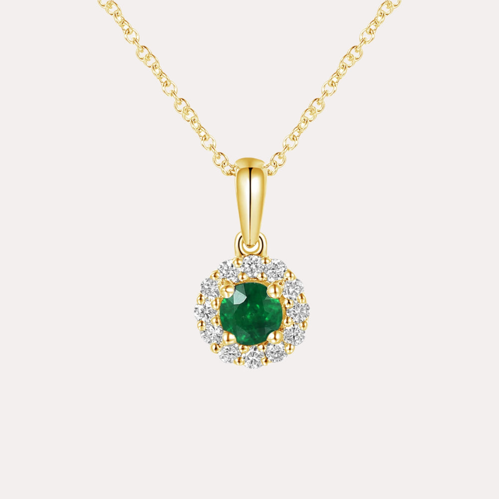 Round Emerald & Diamond Halo Pendant Necklace In 18K Gold - The Jewelyst. - Round Emerald & Diamond Halo Pendant Necklace In 18K Gold