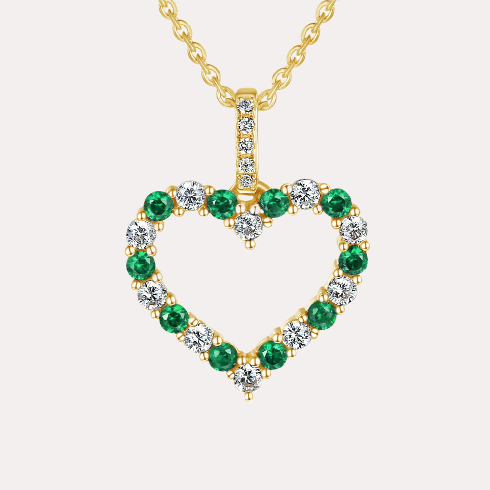 Round Emerald & Diamond Heart Shape Pendant Necklace In 18K Gold - The Jewelyst. - Round Emerald & Diamond Heart Shape Pendant Necklace In 18K Gold