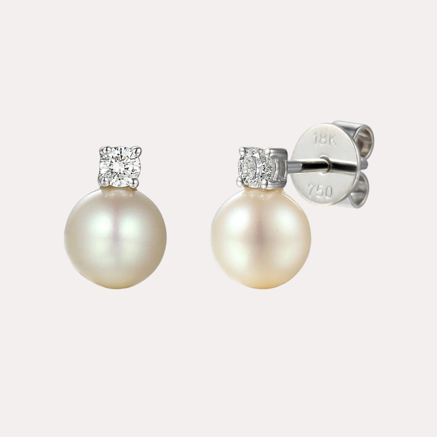 Round Pearl & Diamond Drop Earrings In 18K Gold - The Jewelyst. - Round Pearl & Diamond Drop Earrings In 18K Gold