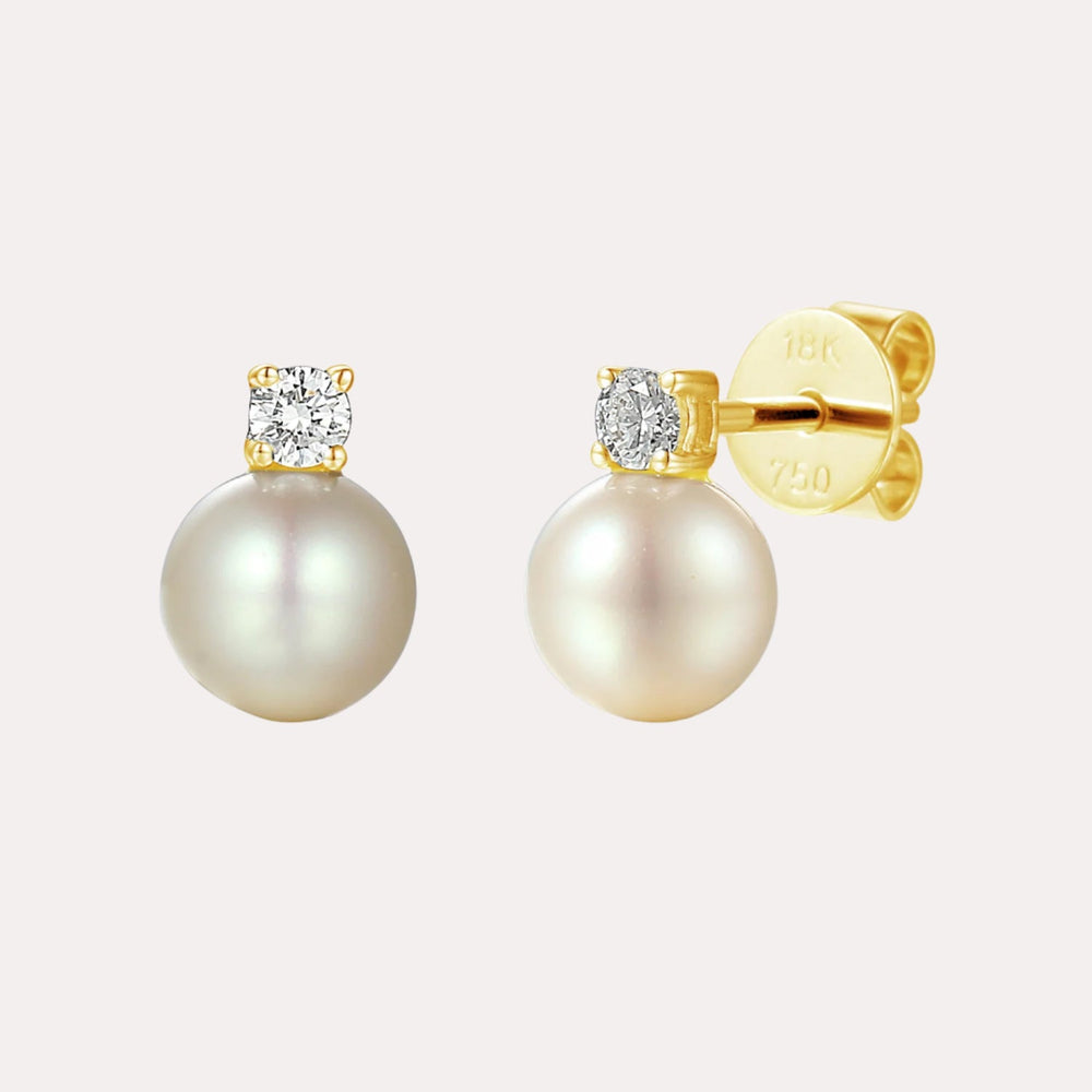 Round Pearl & Diamond Drop Earrings In 18K Gold - The Jewelyst. - Round Pearl & Diamond Drop Earrings In 18K Gold