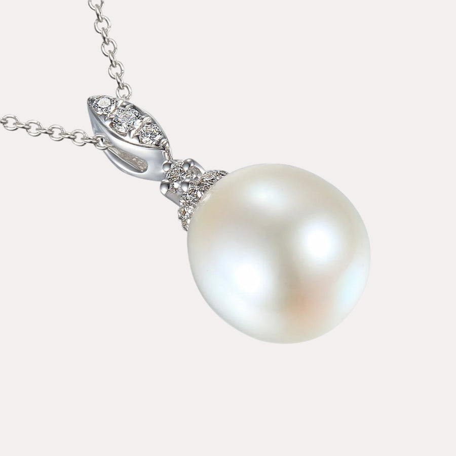 Round Pearl & Diamond Drop Pendant Necklace In 18K Gold - The Jewelyst. - Round Pearl & Diamond Drop Pendant Necklace In 18K Gold