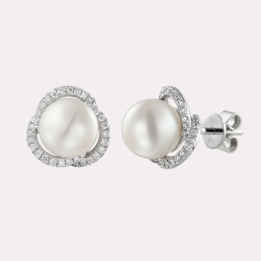 Round Pearl & Diamond Halo Earrings In 18K Gold - The Jewelyst. - Round Pearl & Diamond Halo Earrings In 18K Gold