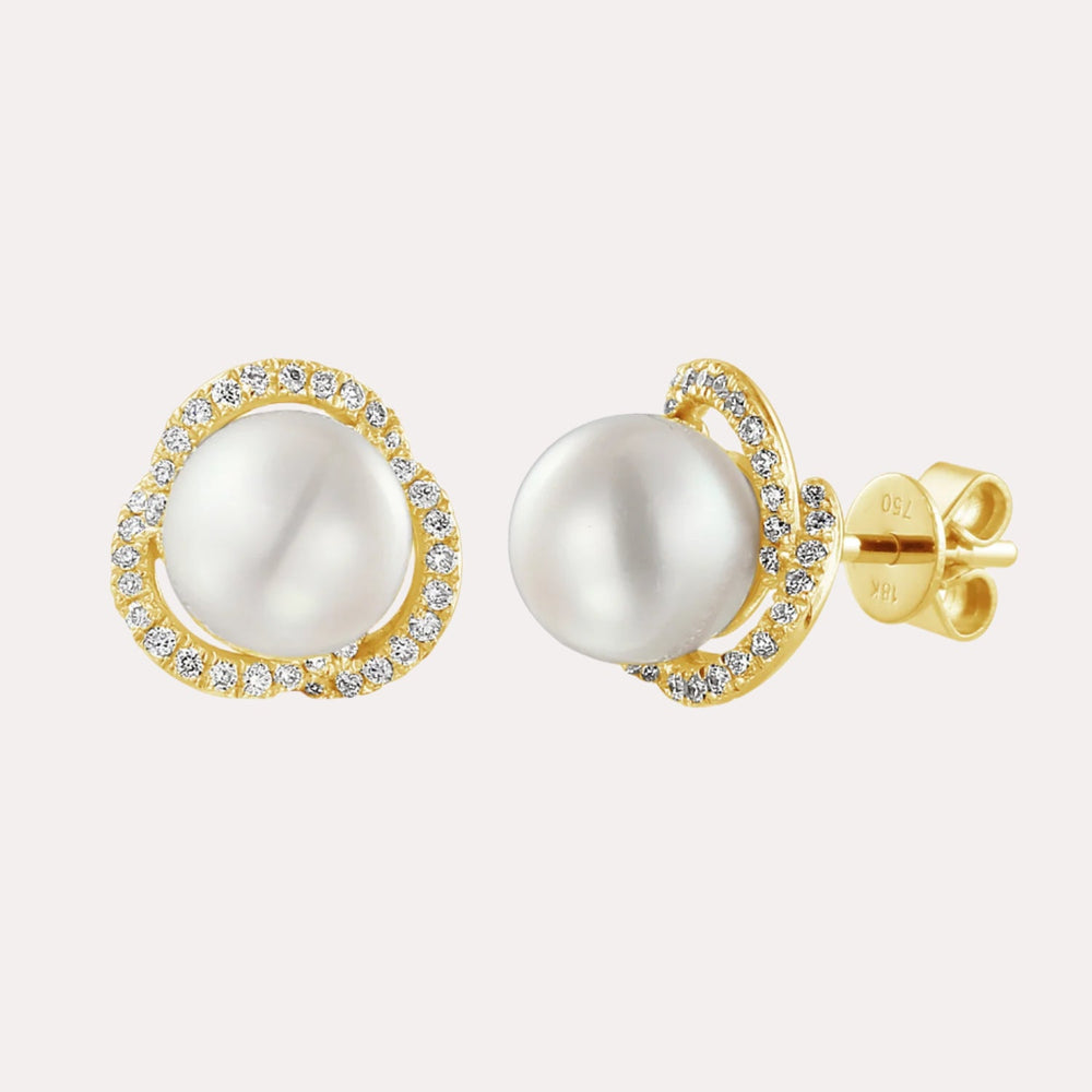 Round Pearl & Diamond Halo Earrings In 18K Gold - The Jewelyst. - Round Pearl & Diamond Halo Earrings In 18K Gold