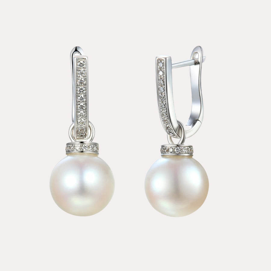 Round Pearl & Pavé Diamond Drop Earrings In 18K Gold - The Jewelyst. - Round Pearl & Pavé Diamond Drop Earrings In 18K Gold