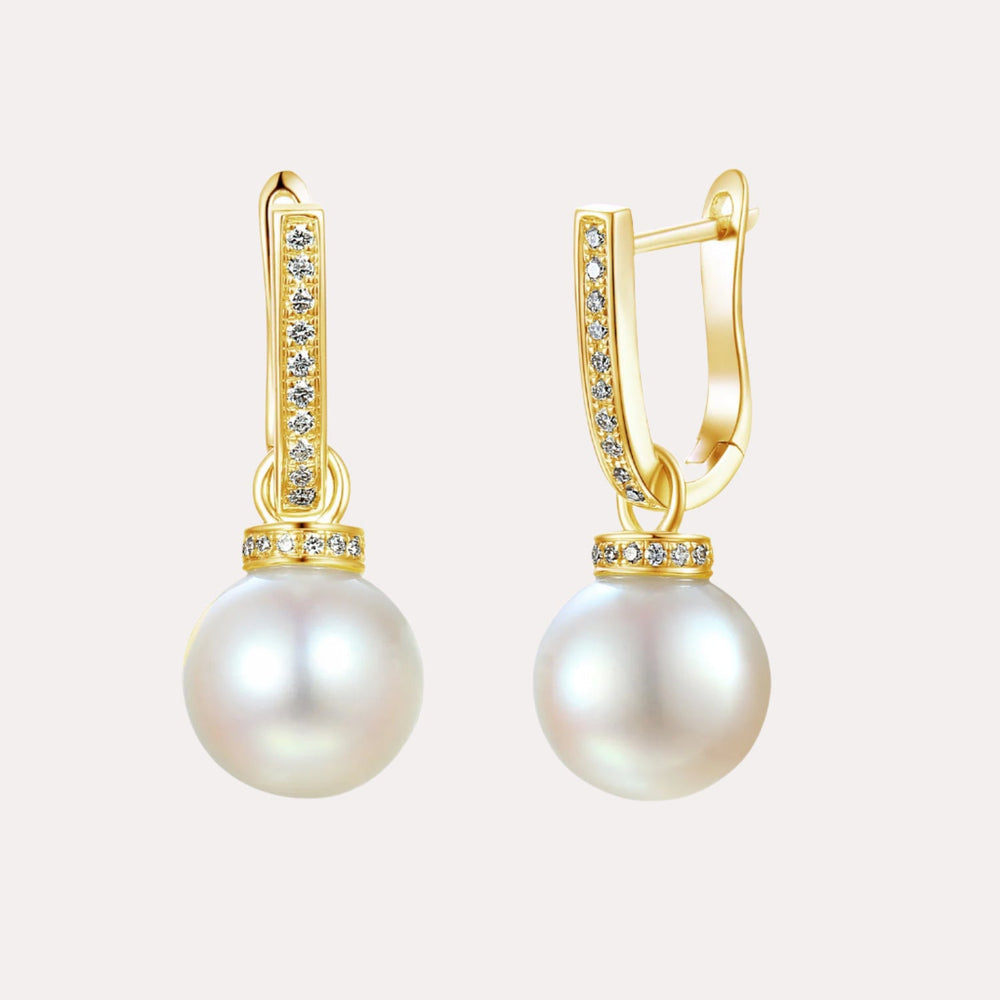 Round Pearl & Pavé Diamond Drop Earrings In 18K Gold - The Jewelyst. - Round Pearl & Pavé Diamond Drop Earrings In 18K Gold