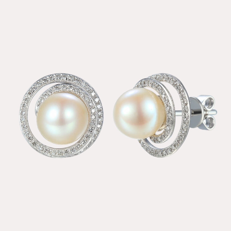 Round Pearl Pavé Swirl Halo Earrings In 18K Gold - The Jewelyst. - Round Pearl Pavé Swirl Halo Earrings In 18K Gold