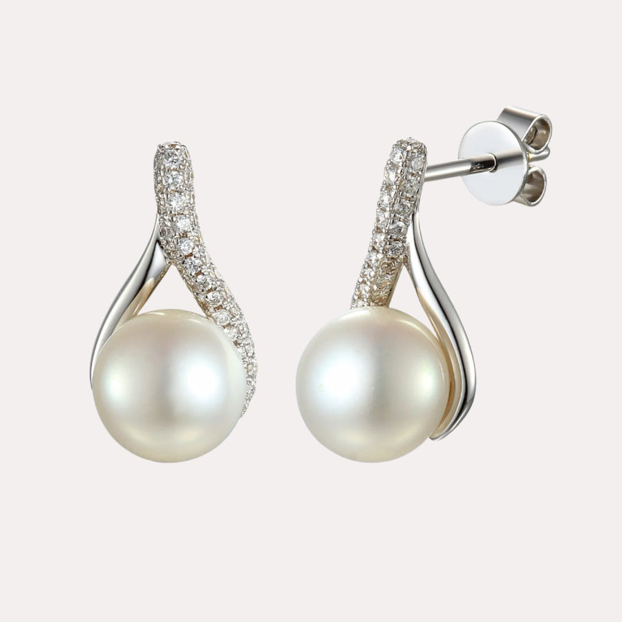 Round Pearl Pavé Tulip Drop Studs In 18K Gold - The Jewelyst. - Round Pearl Pavé Tulip Drop Studs In 18K Gold