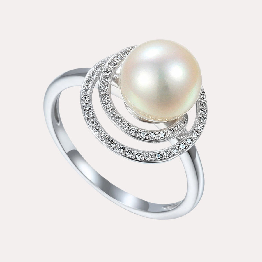 Round Pearl & Round Brilliant Cut Diamond Halo Twirl Ring - The Jewelyst. - Round Pearl & Round Brilliant Cut Diamond Halo Twirl Ring