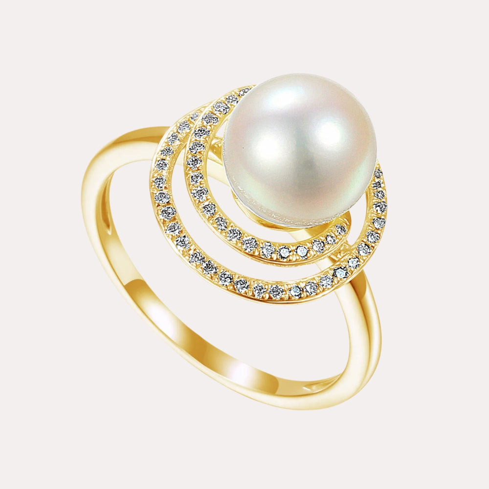 Round Pearl & Round Brilliant Cut Diamond Halo Twirl Ring - The Jewelyst. - Round Pearl & Round Brilliant Cut Diamond Halo Twirl Ring