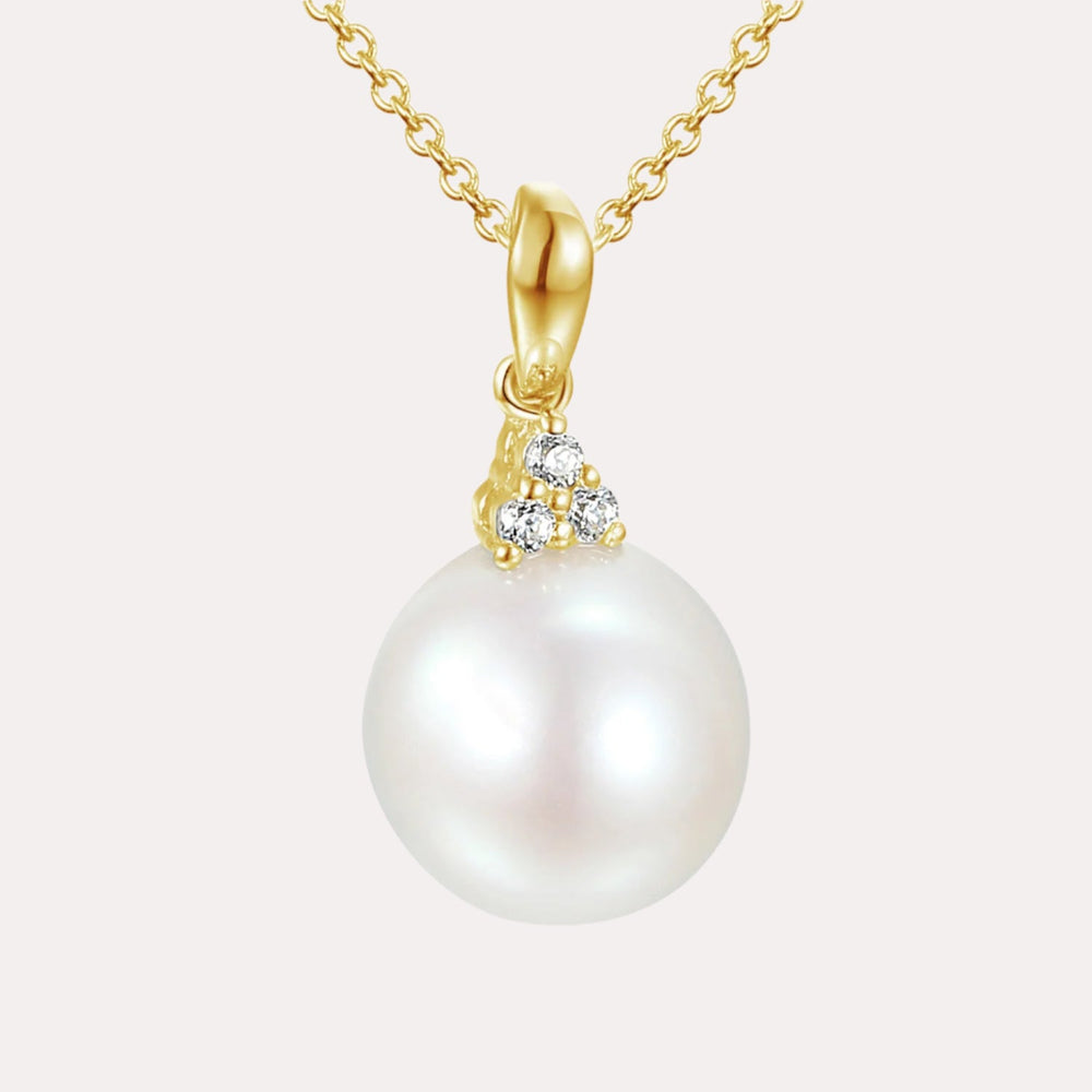 Round Pearl Trio Diamond Drop Pendant Necklace In 18K Gold - The Jewelyst. - Round Pearl Trio Diamond Drop Pendant Necklace In 18K Gold