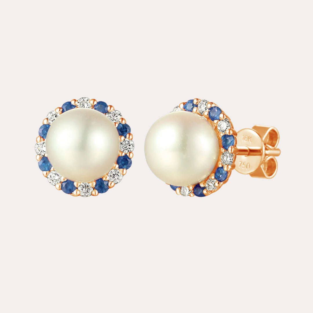 Round Pearl With Diamond & Blue Sapphire Halo Earrings In 18K Gold - The Jewelyst. - Round Pearl With Diamond & Blue Sapphire Halo Earrings In 18K Gold
