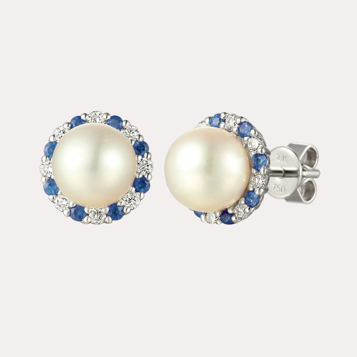 Round Pearl With Diamond & Blue Sapphire Halo Earrings In 18K Gold - The Jewelyst. - Round Pearl With Diamond & Blue Sapphire Halo Earrings In 18K Gold