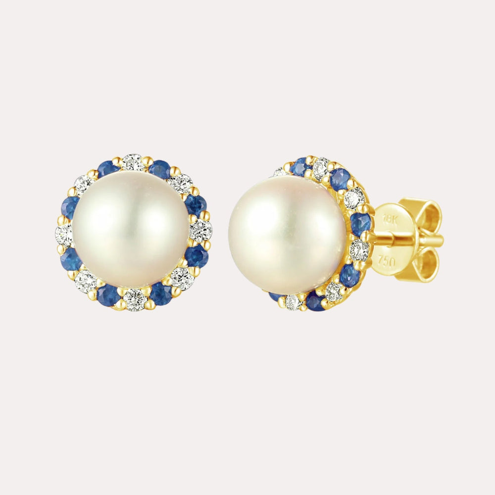 Round Pearl With Diamond & Blue Sapphire Halo Earrings In 18K Gold - The Jewelyst. - Round Pearl With Diamond & Blue Sapphire Halo Earrings In 18K Gold