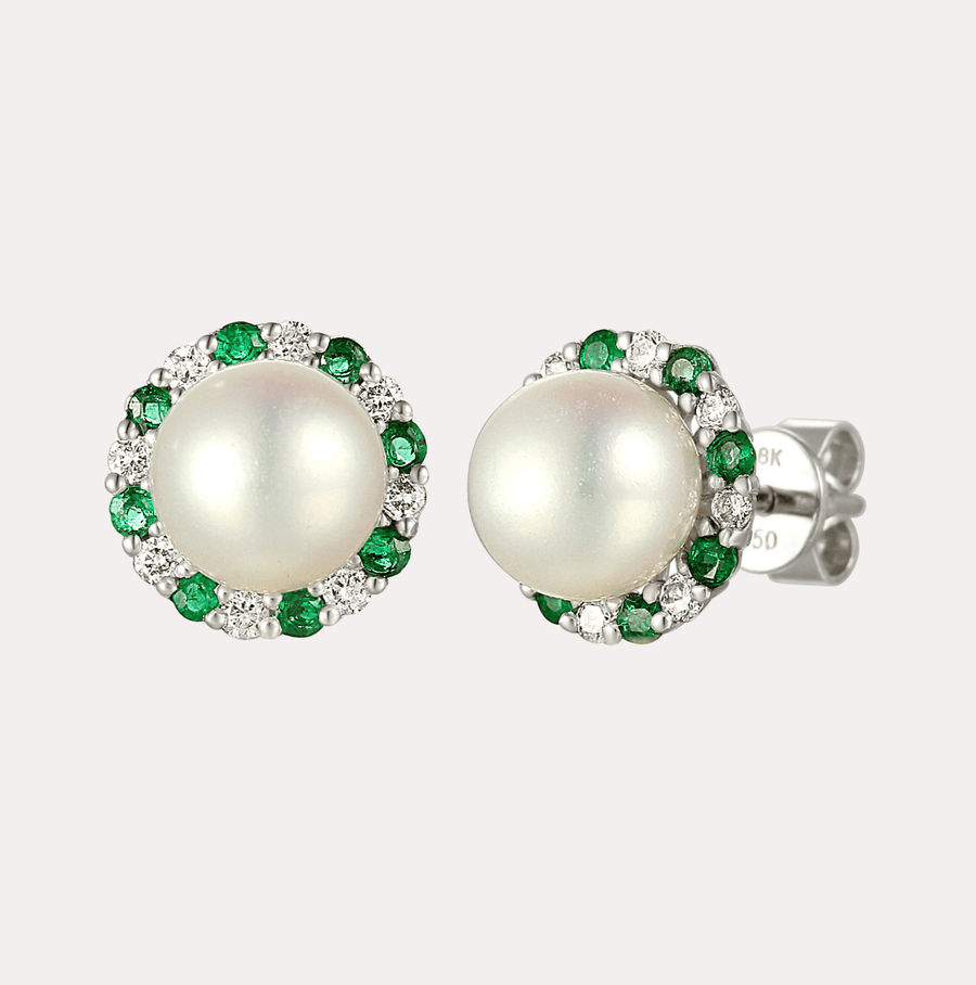 Round Pearl With Diamond & Emerald Halo Earrings In 18K Gold - The Jewelyst. - Round Pearl With Diamond & Emerald Halo Earrings In 18K Gold