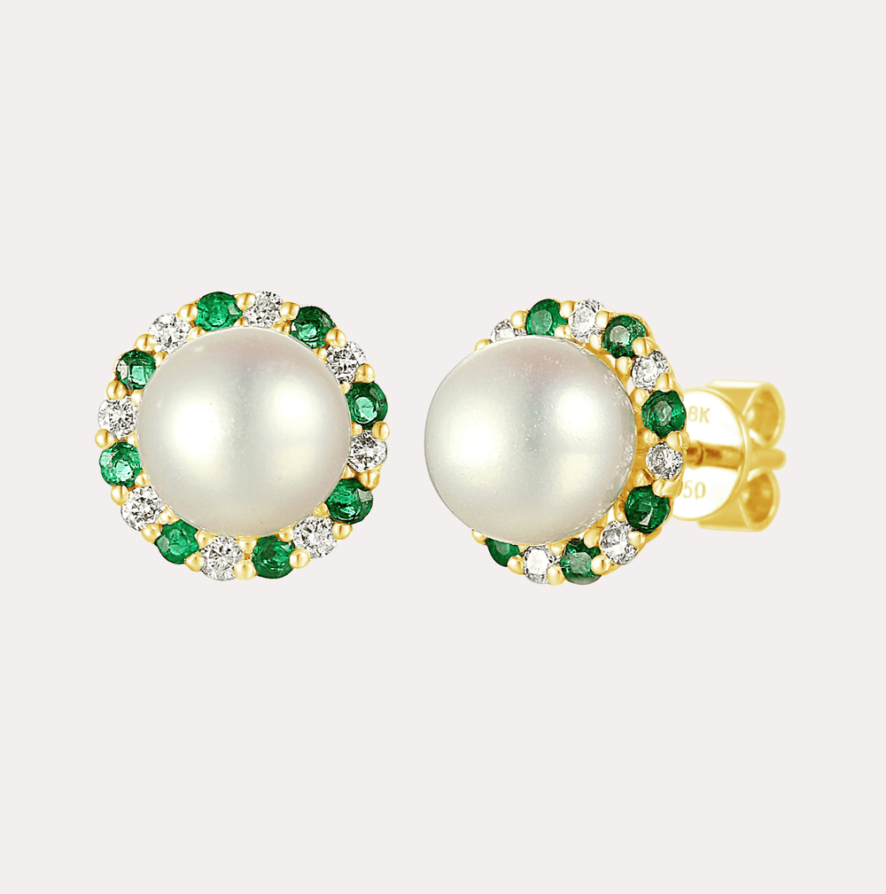 Round Pearl With Diamond & Emerald Halo Earrings In 18K Gold - The Jewelyst. - Round Pearl With Diamond & Emerald Halo Earrings In 18K Gold