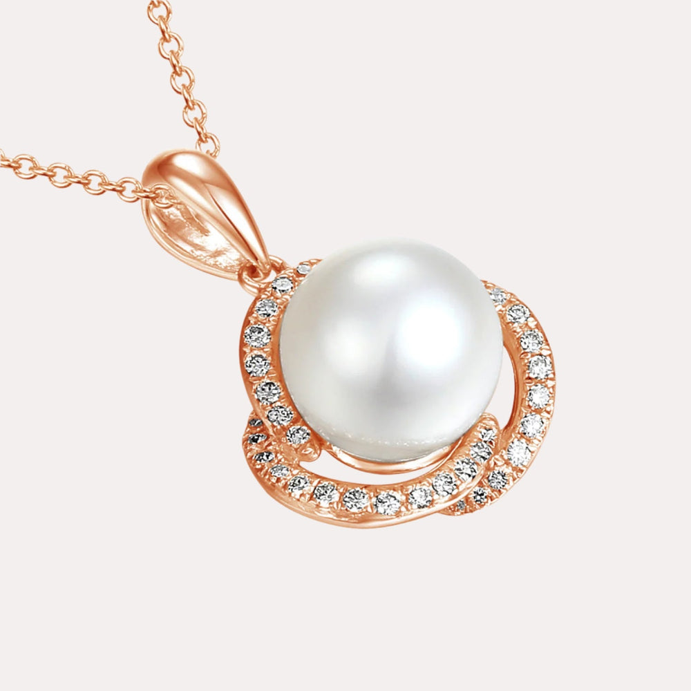 Round Pearl With Diamond Petal Halo Pendant Necklace In 18K Gold - The Jewelyst. - Round Pearl With Diamond Petal Halo Pendant Necklace In 18K Gold