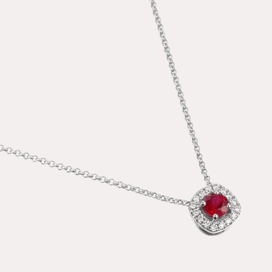 Round Ruby & Diamond Cushion Shape Halo Pendant Necklace In 18K Gold - The Jewelyst. - Round Ruby & Diamond Cushion Shape Halo Pendant Necklace In 18K Gold