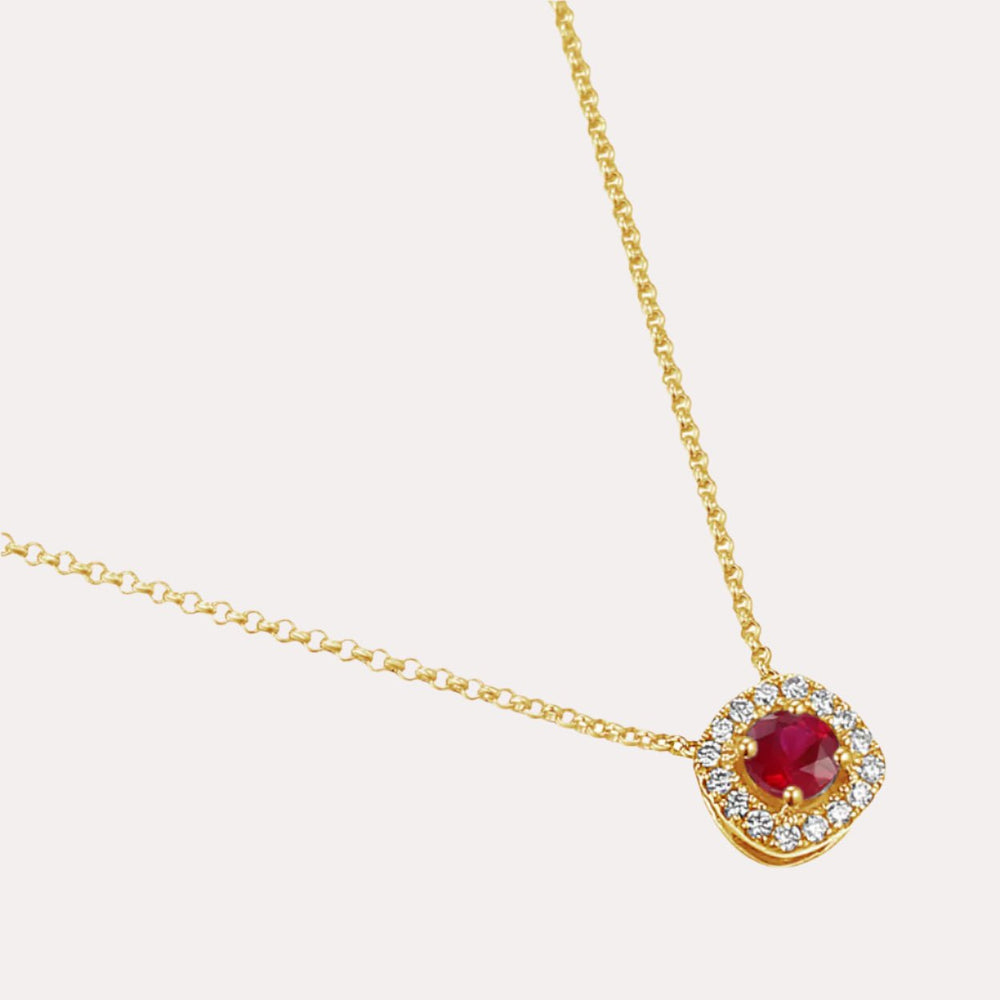 Round Ruby & Diamond Cushion Shape Halo Pendant Necklace In 18K Gold - The Jewelyst. - Round Ruby & Diamond Cushion Shape Halo Pendant Necklace In 18K Gold