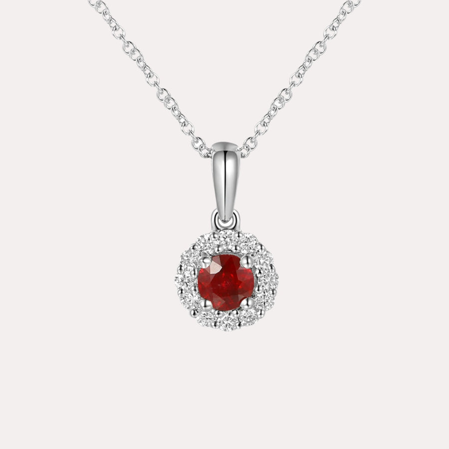 Round Ruby & Diamond Halo Pendant Necklace In 18K Gold - The Jewelyst. - Round Ruby & Diamond Halo Pendant Necklace In 18K Gold
