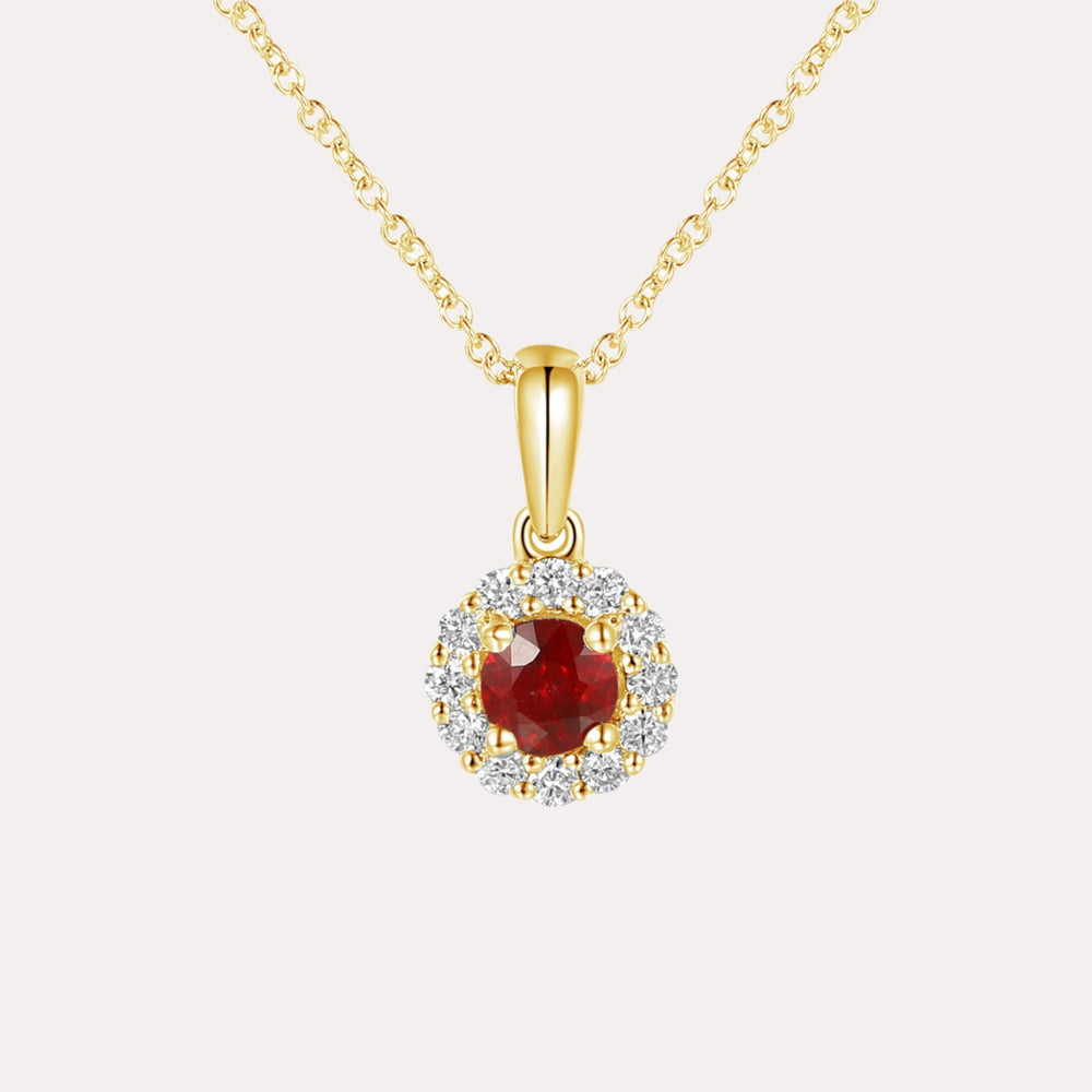 Round Ruby & Diamond Halo Pendant Necklace In 18K Gold - The Jewelyst. - Round Ruby & Diamond Halo Pendant Necklace In 18K Gold
