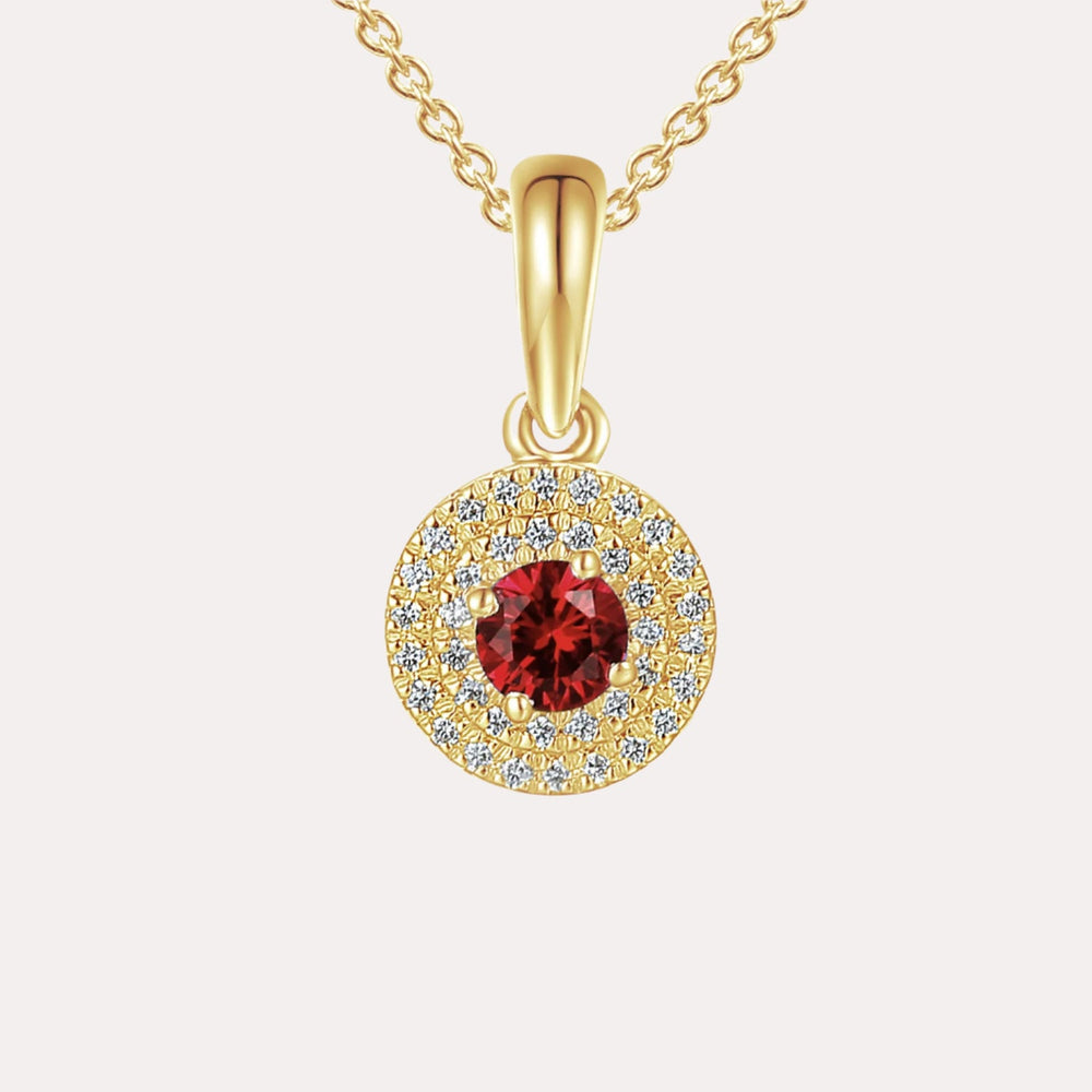 Ruby & Diamond Double Halo Pendant Necklace In 18K Gold - The Jewelyst. - Ruby & Diamond Double Halo Pendant Necklace In 18K Gold