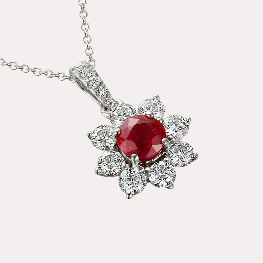 Ruby & Diamond Halo Flower Pendant Necklace In 18K Gold - The Jewelyst. - Ruby & Diamond Halo Flower Pendant Necklace In 18K Gold