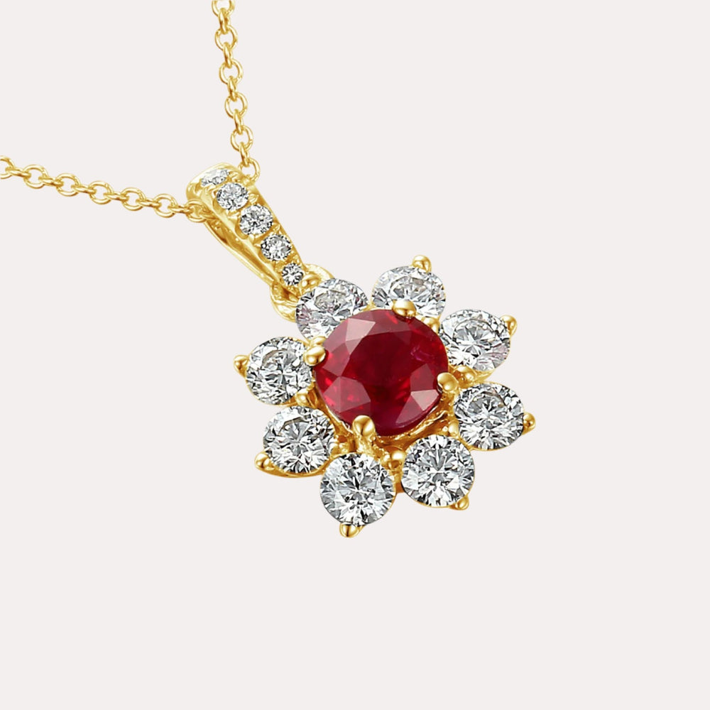 Ruby & Diamond Halo Flower Pendant Necklace In 18K Gold - The Jewelyst. - Ruby & Diamond Halo Flower Pendant Necklace In 18K Gold
