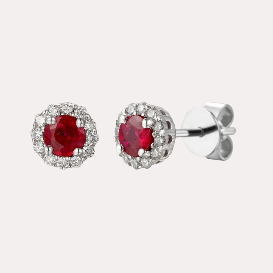Ruby & Diamond Halo Stud Earrings In 18K Gold - The Jewelyst. - Ruby & Diamond Halo Stud Earrings In 18K Gold