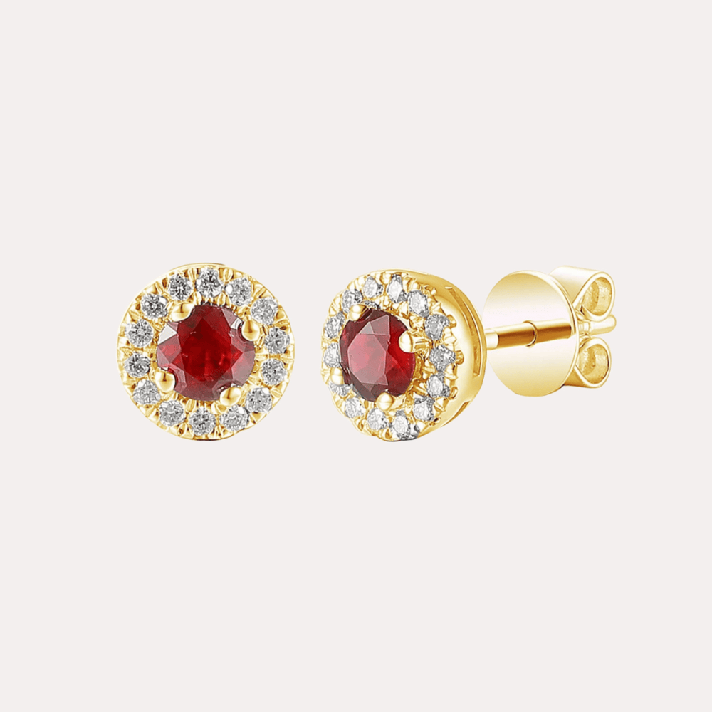Ruby Halo Earrings In 18K Gold - The Jewelyst. - Ruby Halo Earrings In 18K Gold